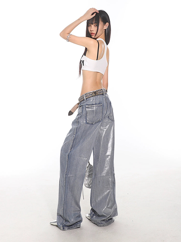Coated Metallic Wide Leg Jeans