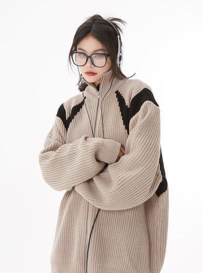 Contrast Knit Zip Sweater Cardigan