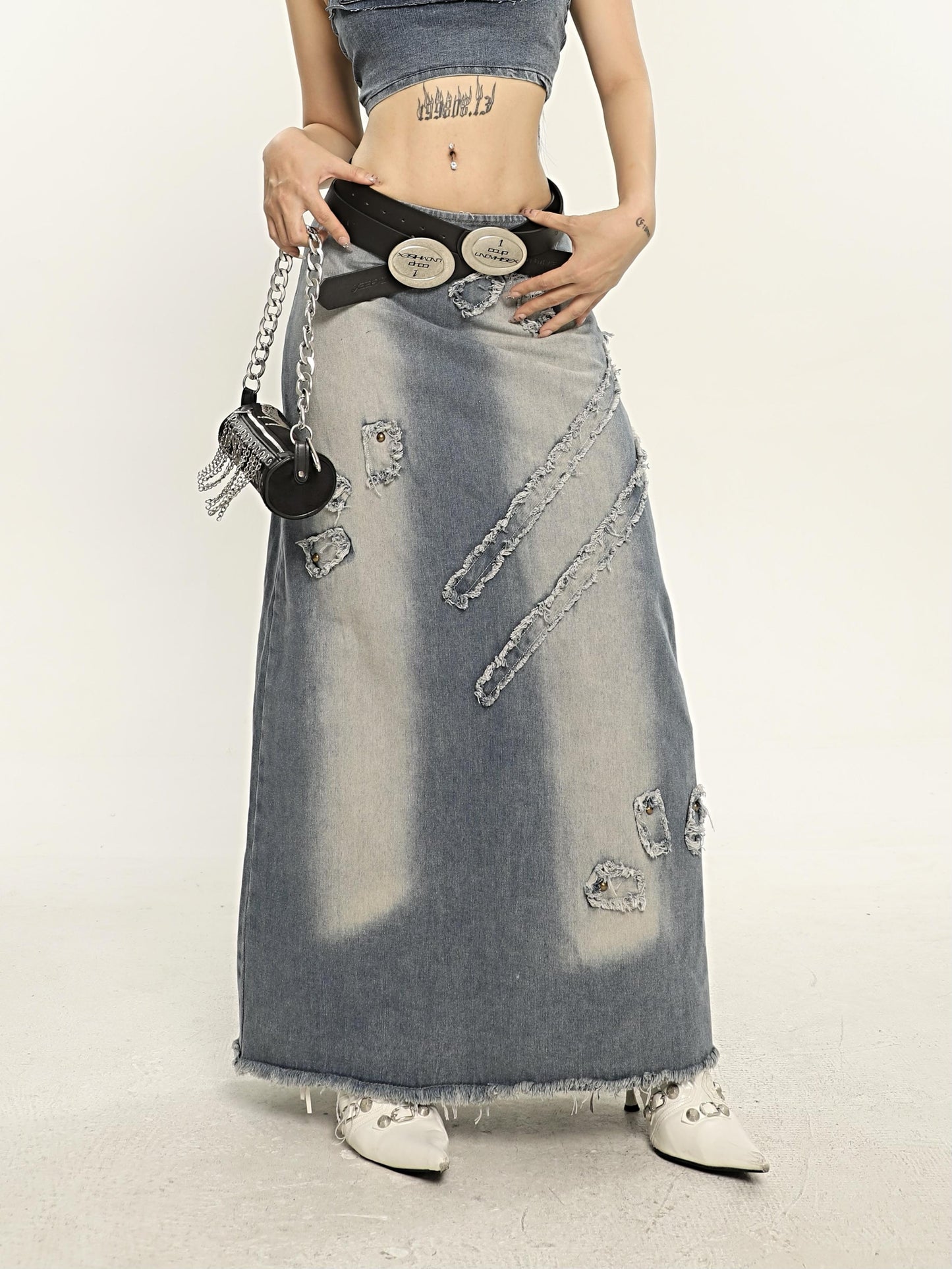 Raw Edge Denim Maxi Skirt