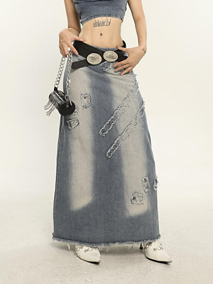 Raw Edge Denim Maxi Skirt