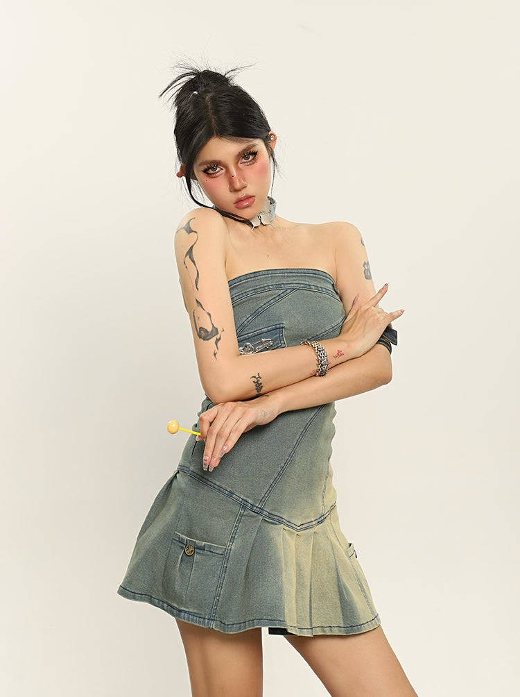 Denim Gradient Pleated Strapless Dress