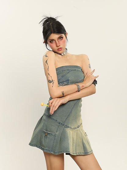 Denim Gradient Pleated Strapless Dress