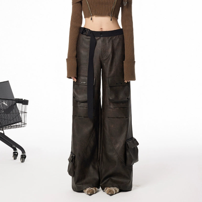 Wide Leg Faux Leather 3D Pocket Pants