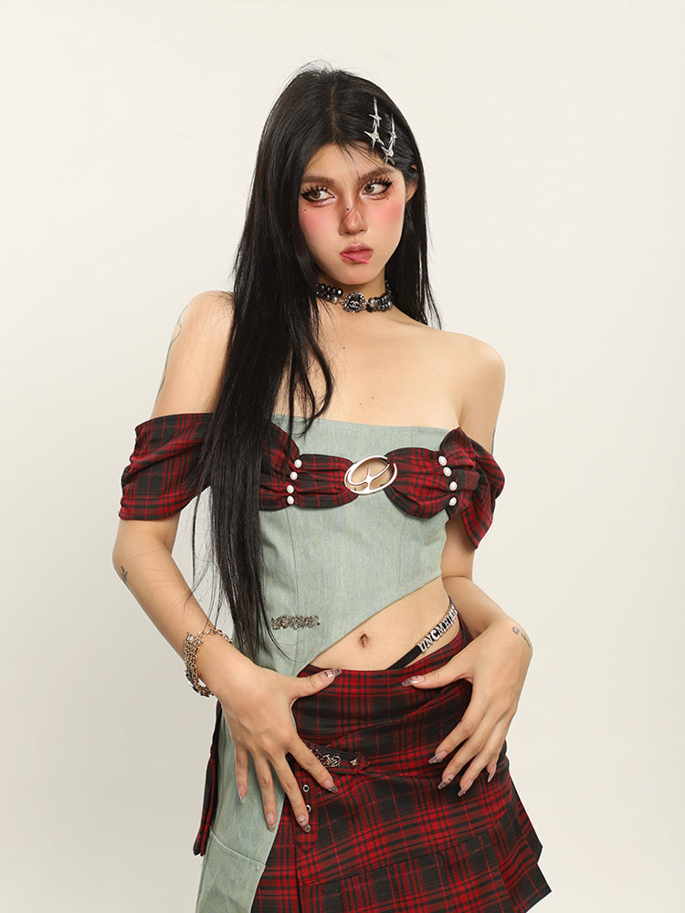 Plaid and Denim Off Shoulder Top + Skirt Set