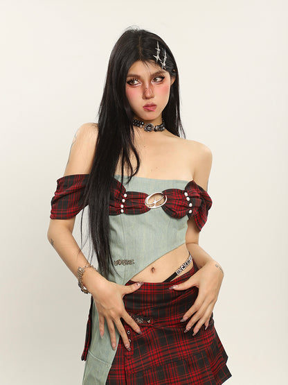 Plaid and Denim Off Shoulder Top + Skirt Set