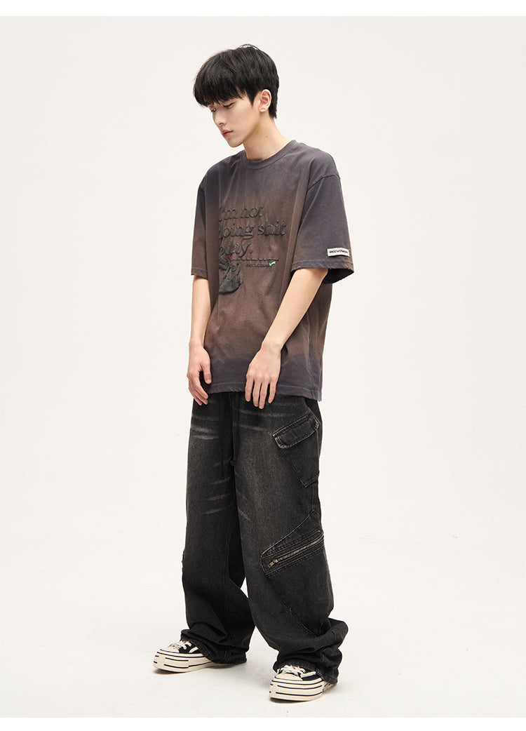 Distressed Drawstring Wide Leg Cargo Jeans