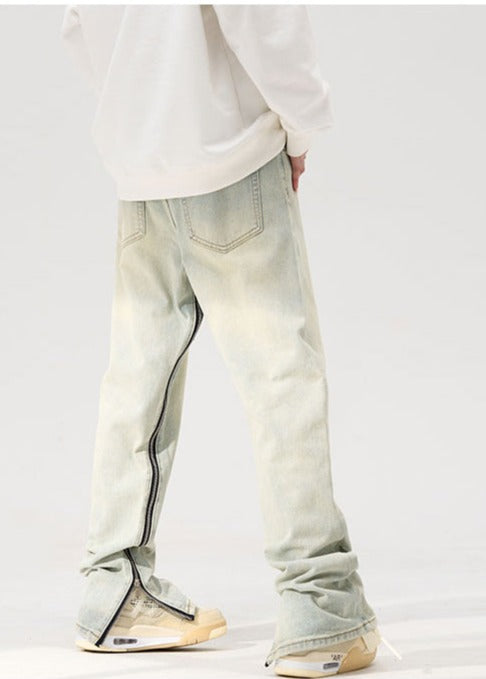 Zipper Inseam Bleached Straight Leg Jeans