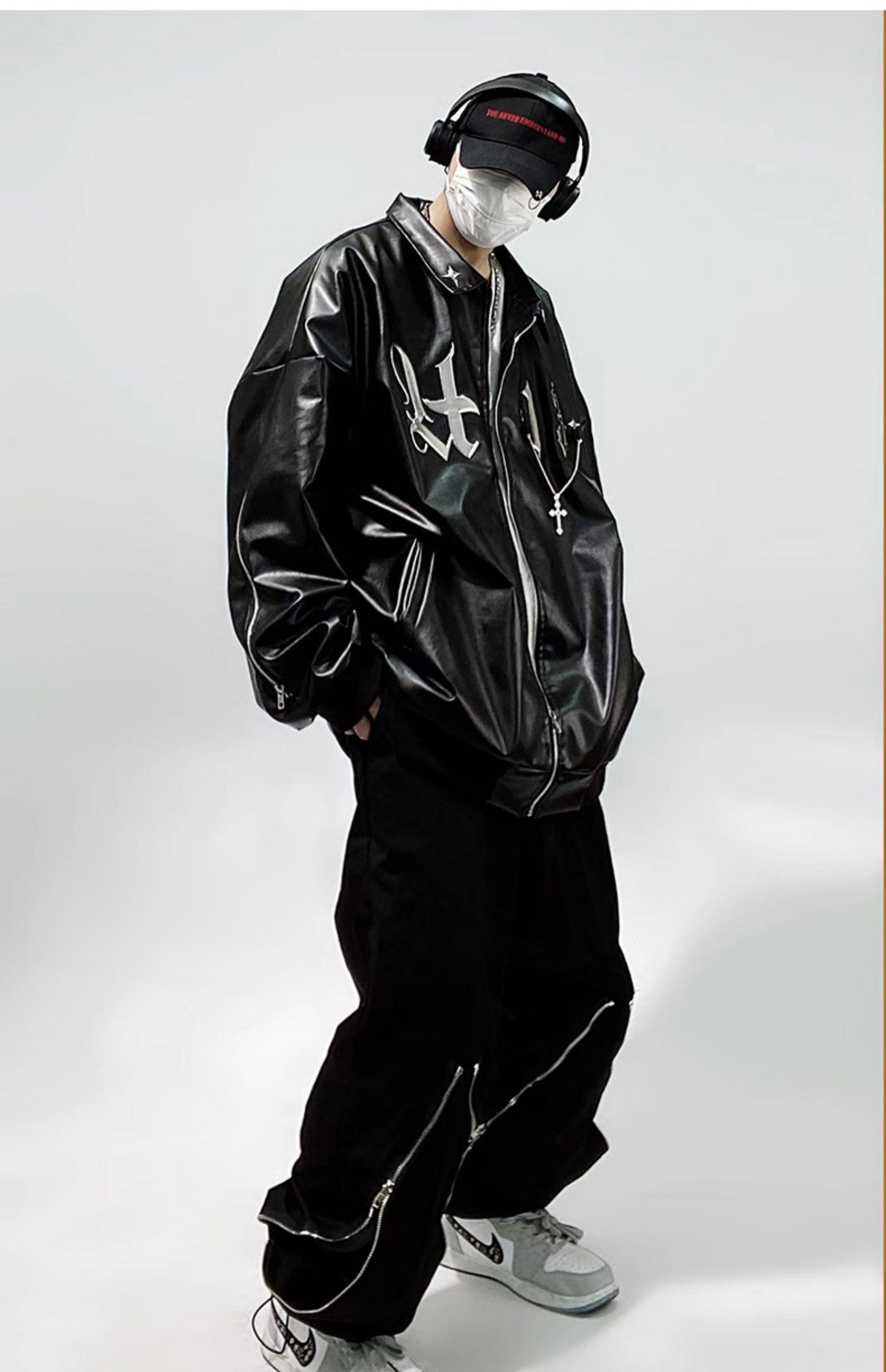 Streetwear Faux Leather Chained Bomber Jacket