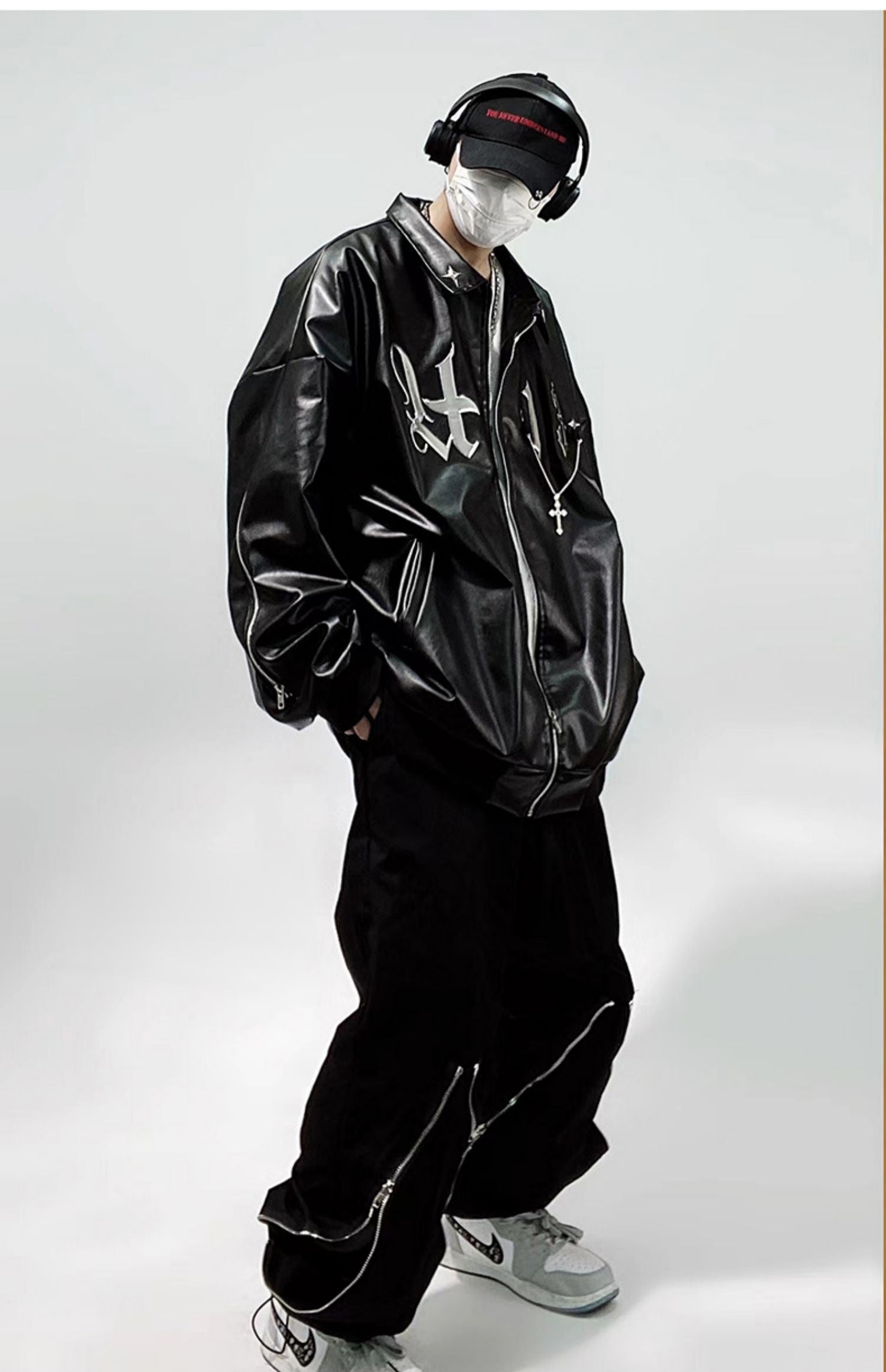 Streetwear Faux Leather Chained Bomber Jacket