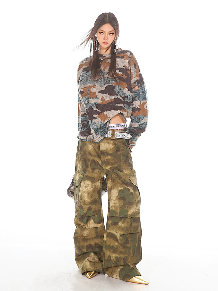 Pleated Camo Utility Cargo Pants