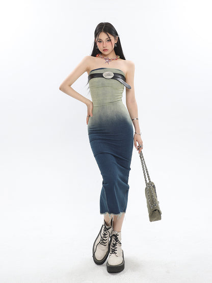 Gradient Raw Edge Tube Midi Dress