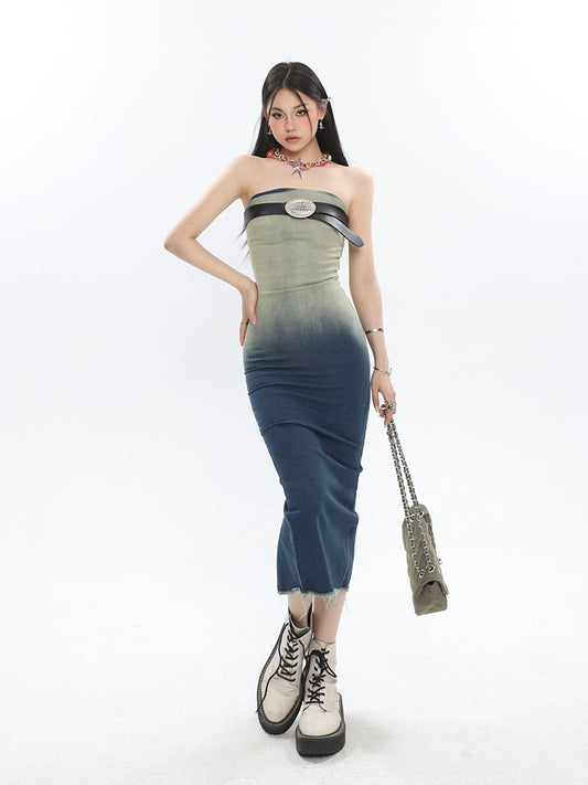 Gradient Raw Edge Tube Midi Dress