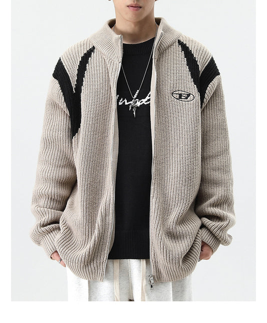 Streetwear Tan Contrast Knit Zip Cardigan