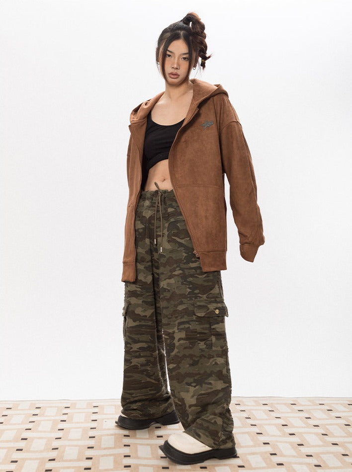 Asymmetric Zipper Faux Suede Hoodie