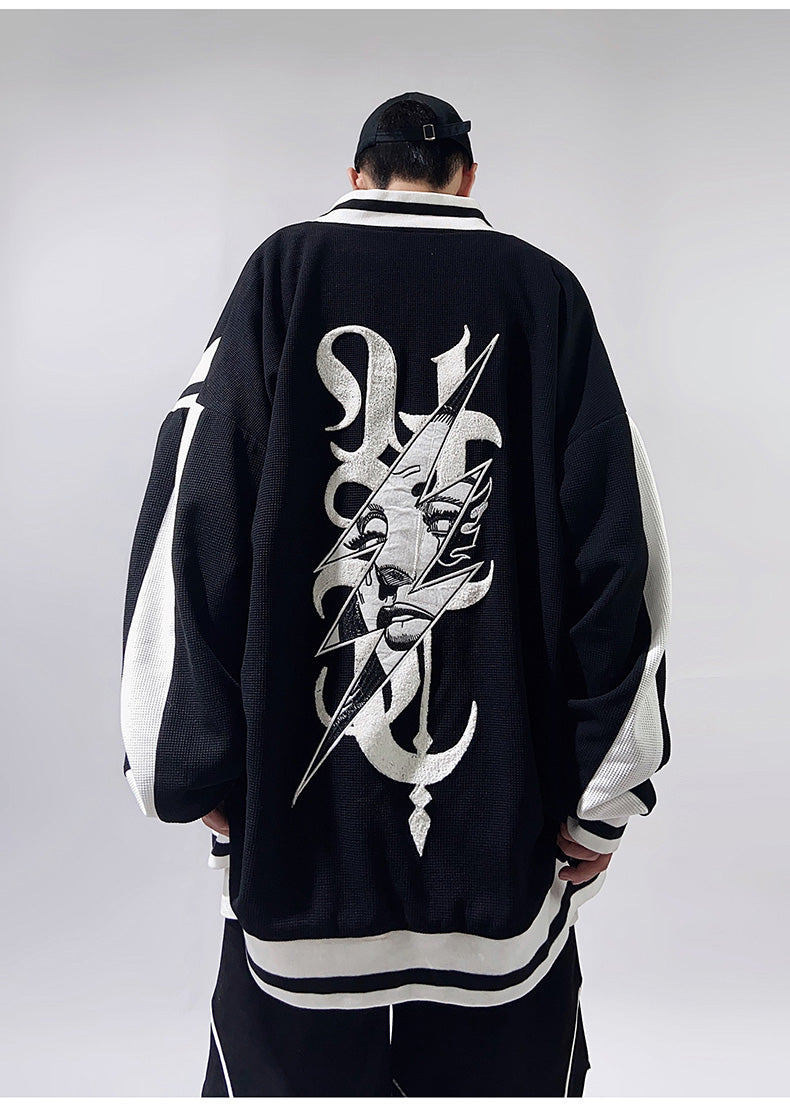 Streetwear Hip Hop Bolt Waffle Knit Varsity Jacket