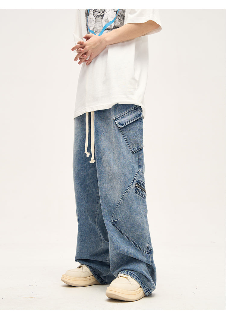 Distressed Drawstring Wide Leg Cargo Jeans