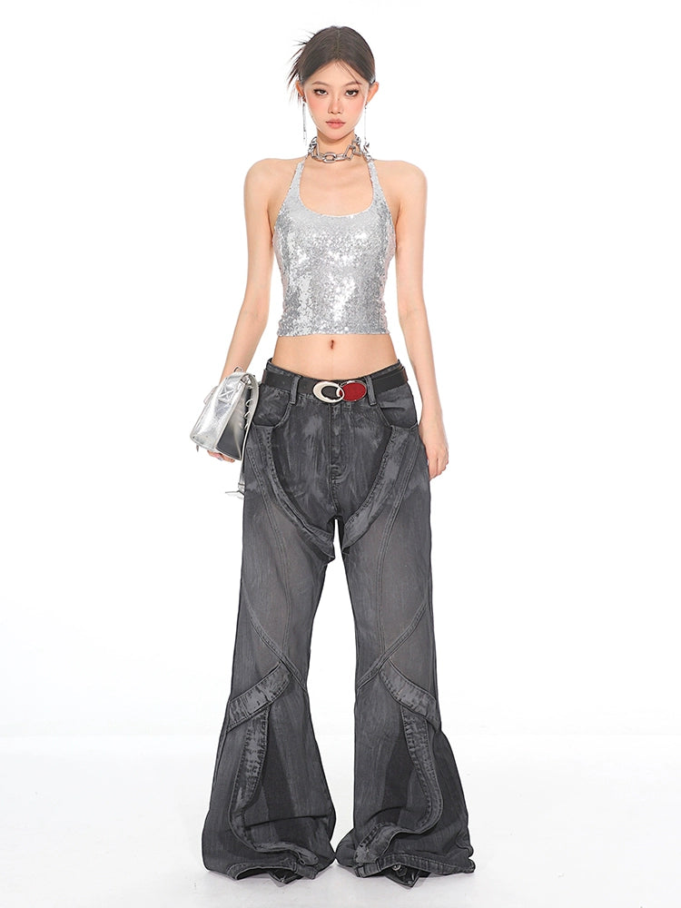 Deconstructed Strappy Denim Trousers