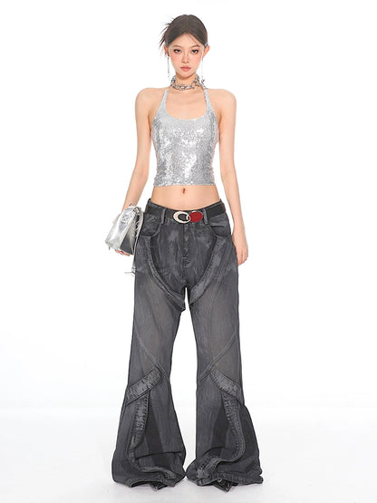 Deconstructed Strappy Denim Trousers