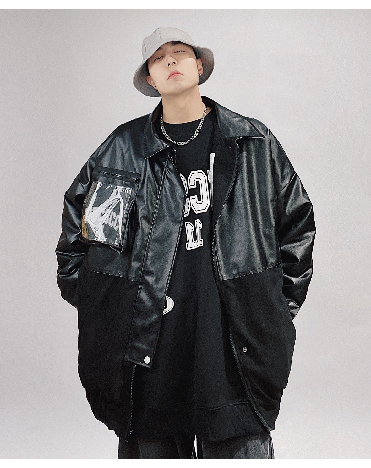 X3 Faux Leather Block Bomber Jacket