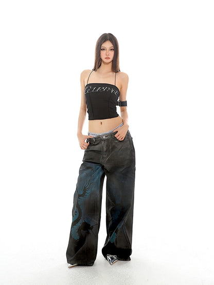 Graffiti Dragon Wide Leg Denim Jeans