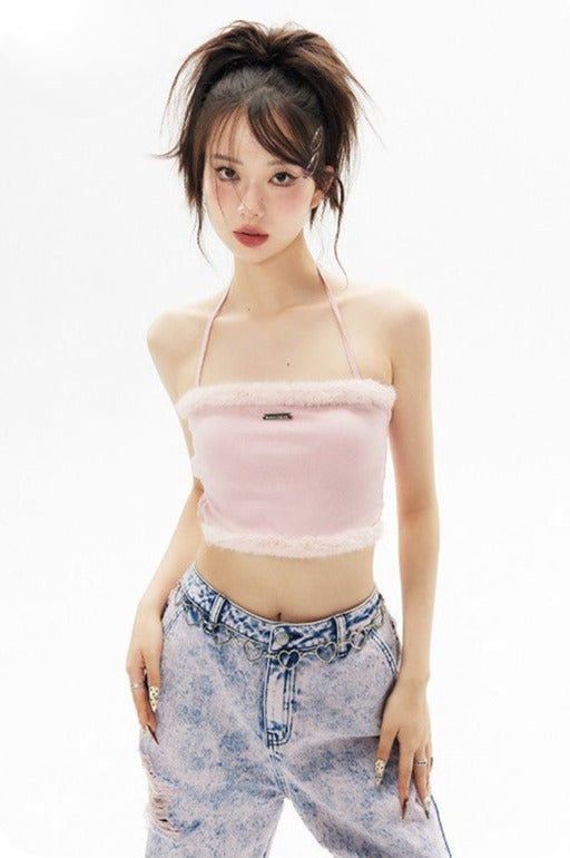 Fur Trim Halter Top