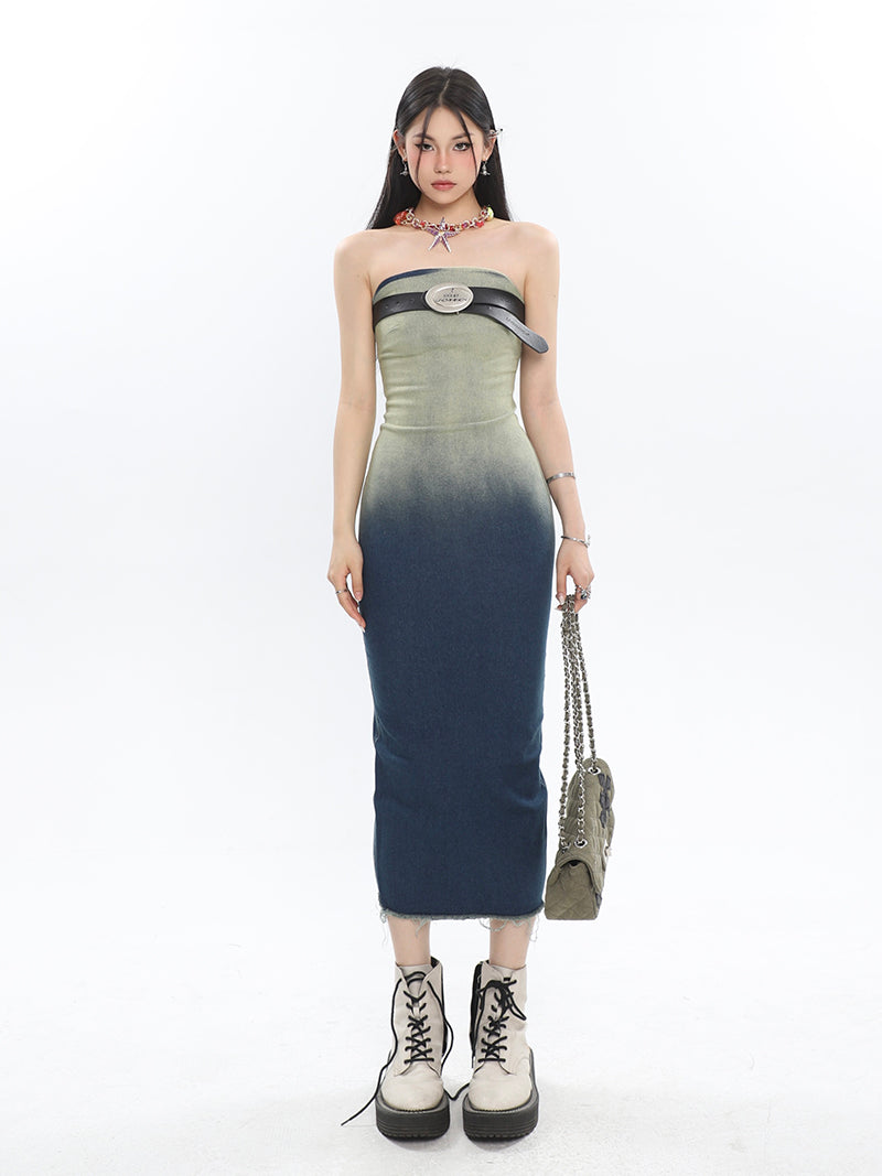 Gradient Raw Edge Tube Midi Dress
