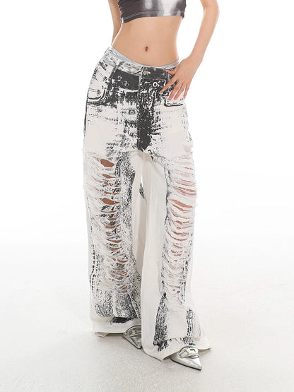 Graffiti Destroyed Ripped Wide-Leg Jeans
