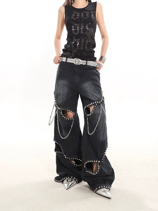 Industrial Deconstructed Chain Studded Denim Jeans