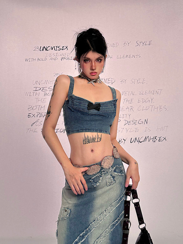 Bow Lace Up Denim Bustier Top