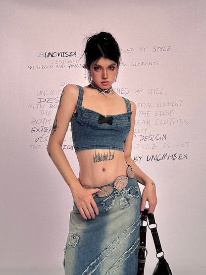 Bow Lace Up Denim Bustier Top