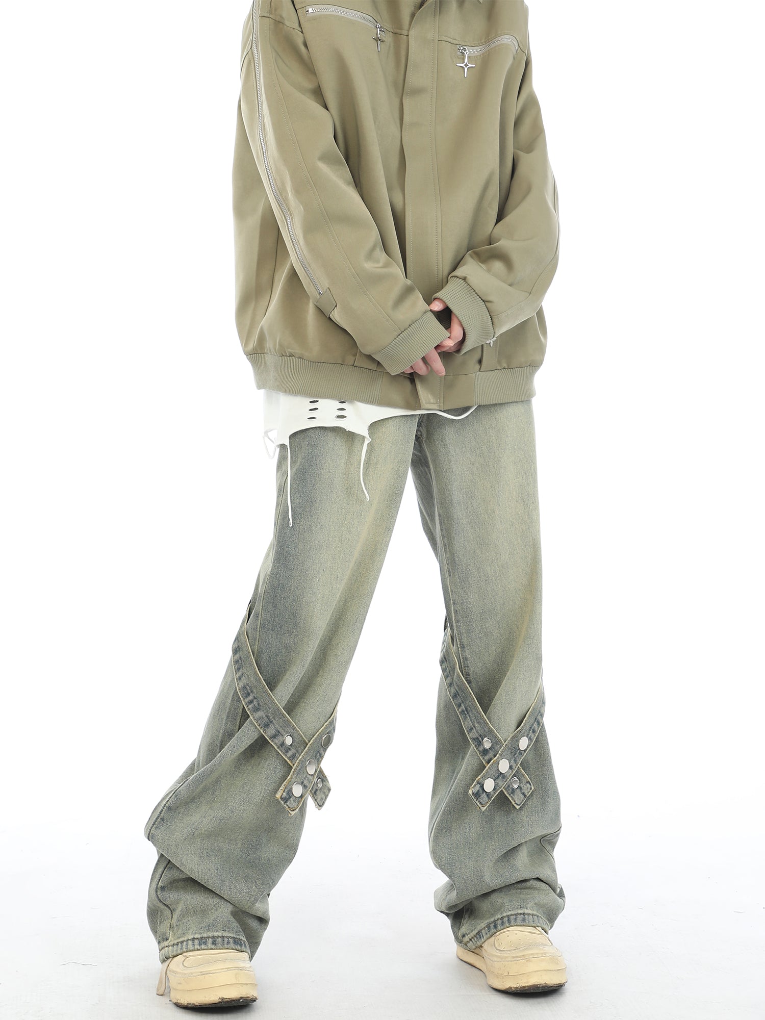 Snap Tab Strap Faded Relaxed Jeans