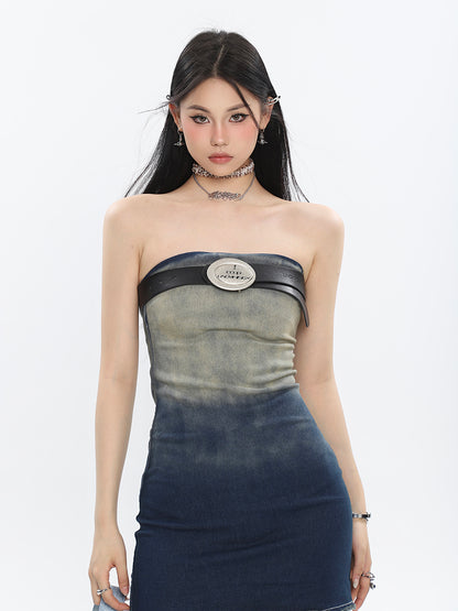 Gradient Raw Edge Tube Mini Dress