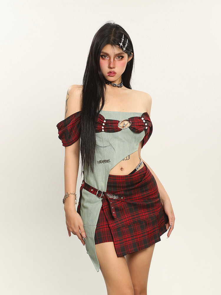 Plaid and Denim Off Shoulder Top + Skirt Set