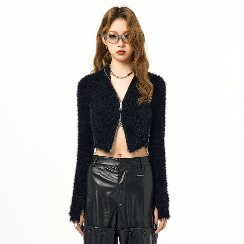 Double Zip Cropped Fuzzy Cardigan