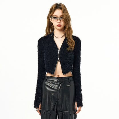 Double Zip Cropped Fuzzy Cardigan