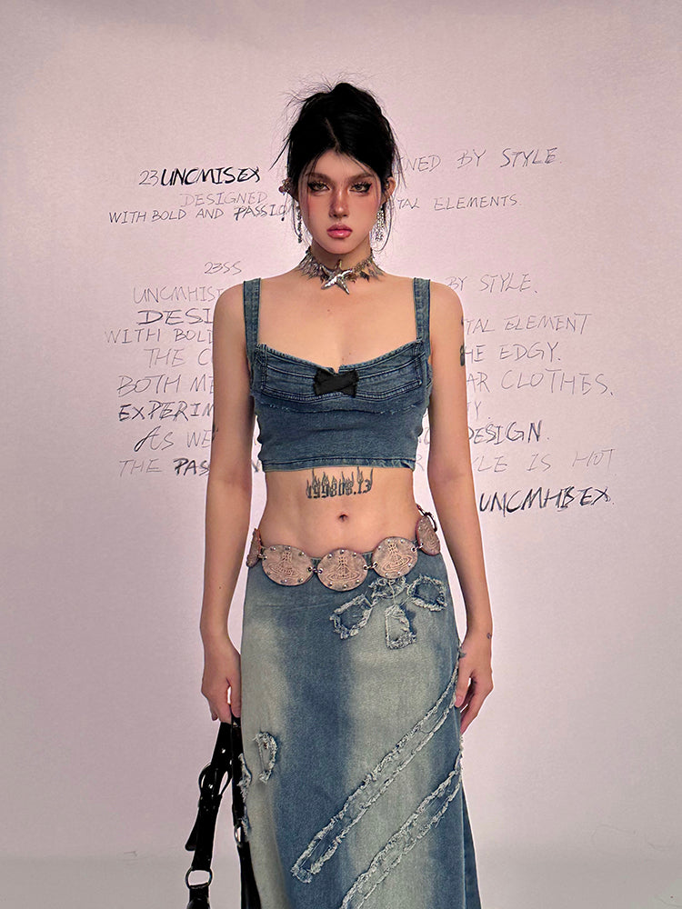 Bow Lace Up Denim Bustier Top