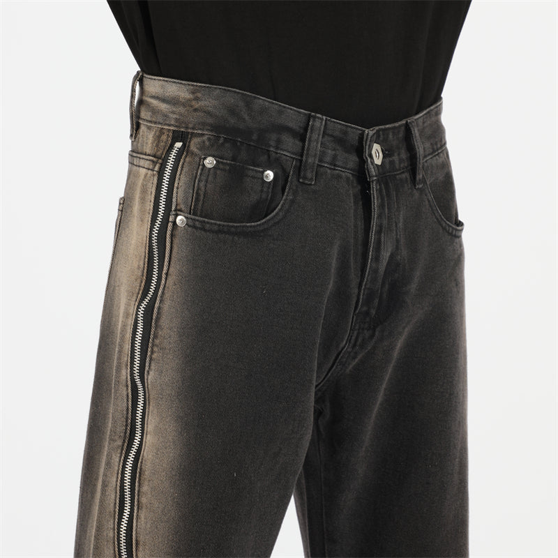 Side Zipper Distressed Jeans