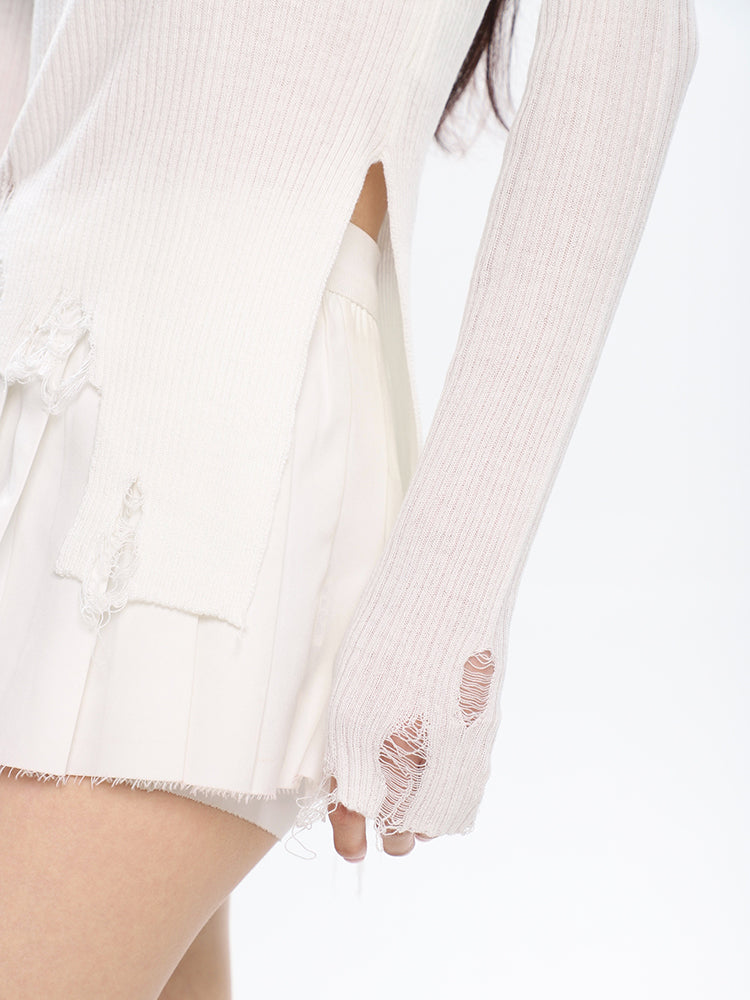Destroyed Ribbed Long Sleeve Top