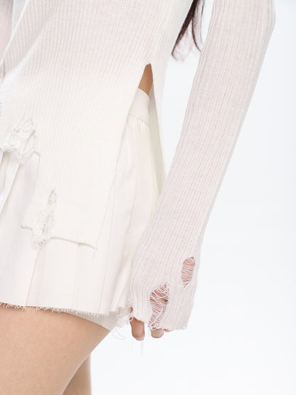 Destroyed Ribbed Long Sleeve Top