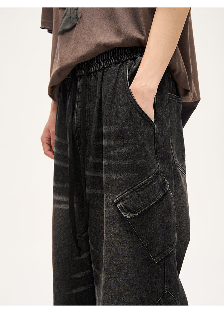 Distressed Drawstring Wide Leg Cargo Jeans