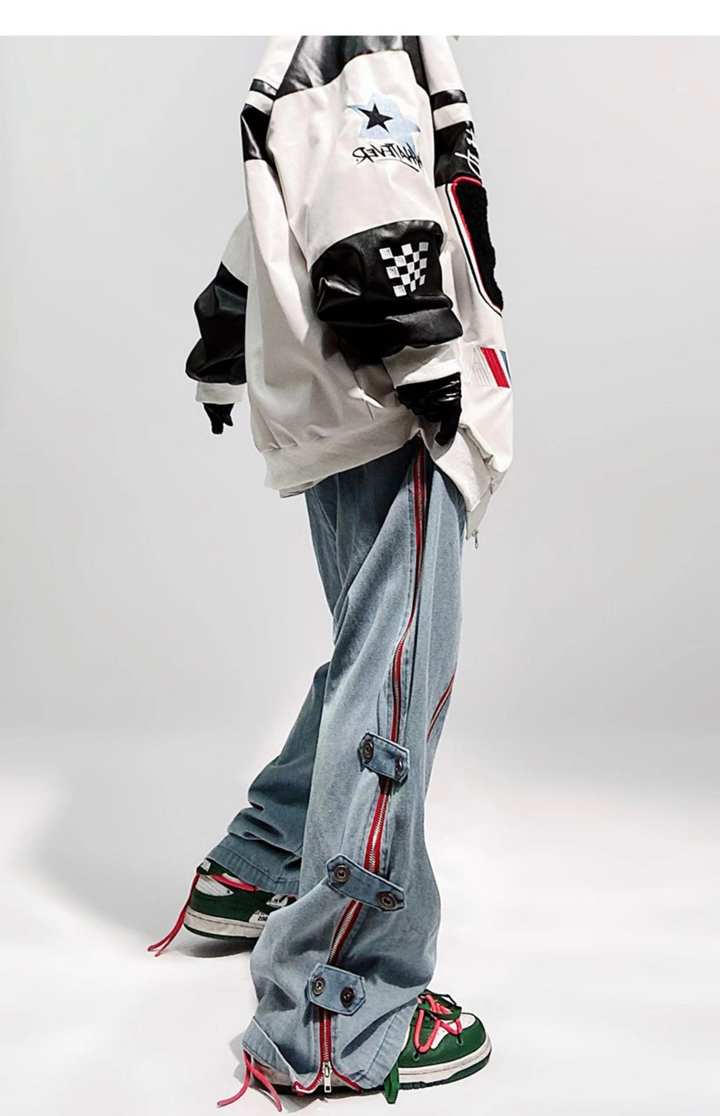 Zipper Slit Snap Strap Loose Fit Jeans