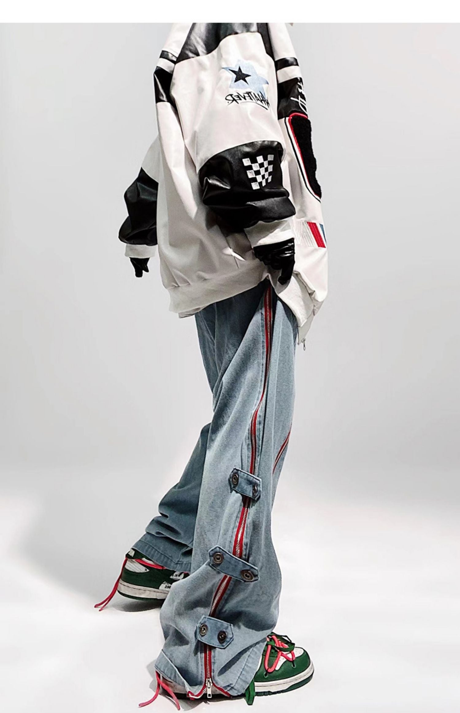 Zipper Slit Snap Strap Loose Fit Jeans