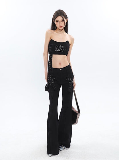 Cross Buckle Flared Jeans