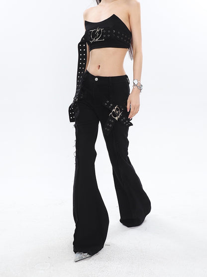 Cross Buckle Flared Jeans