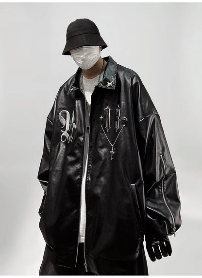 Streetwear Faux Leather Chained Bomber Jacket