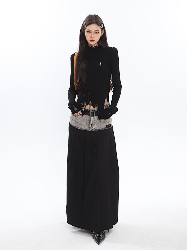 Destroyed Ribbed Long Sleeve Top