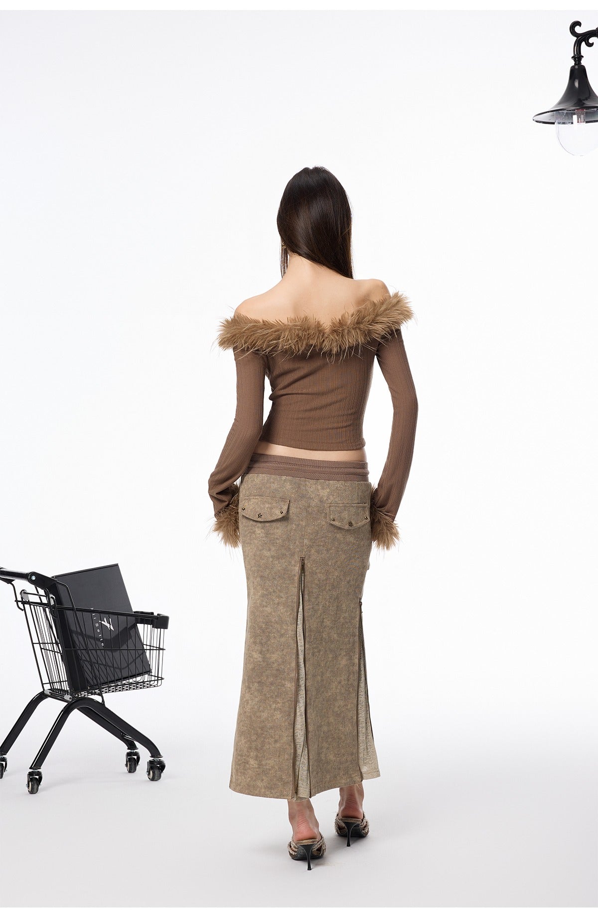 Off-Shoulder Fur-Trimmed Ribbed Top