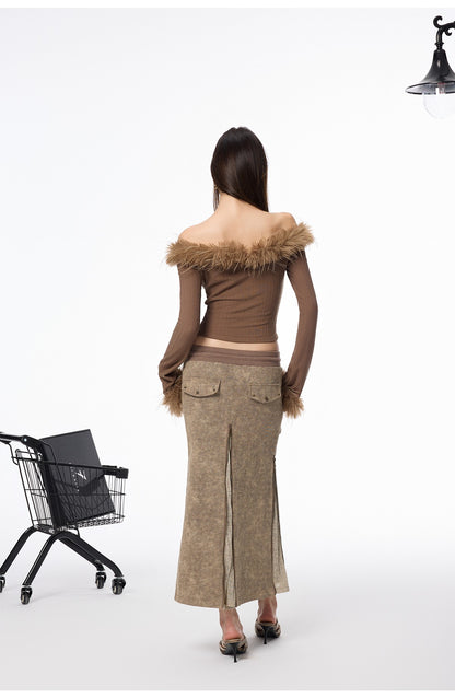 Off-Shoulder Fur-Trimmed Ribbed Top