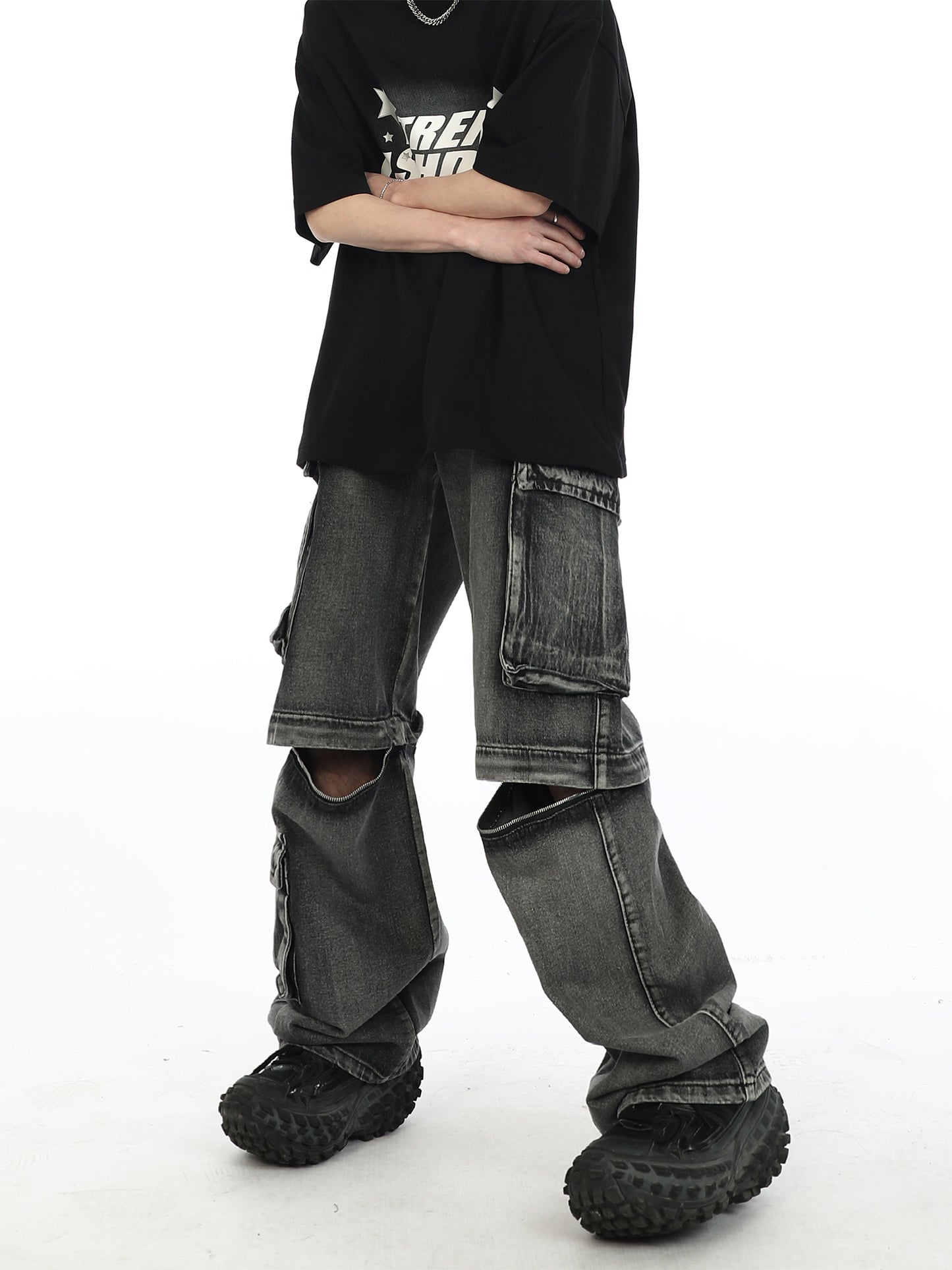 Wide Leg Distressed Zip Away Cargo Jeans