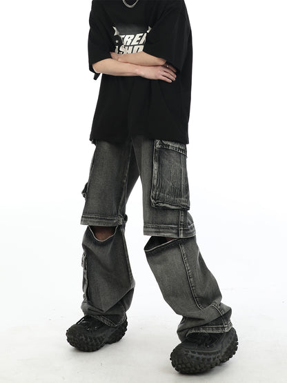 Wide Leg Distressed Zip Away Cargo Jeans